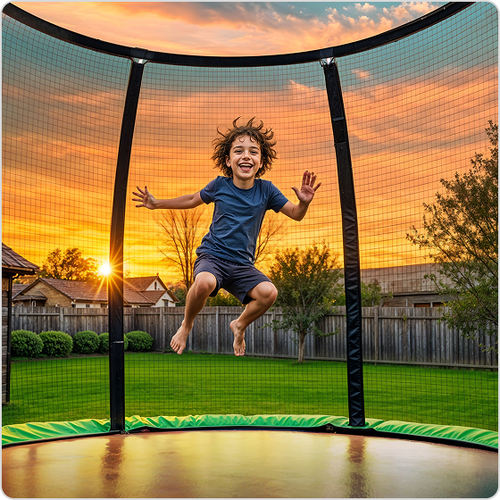 Child jumping on a trampoline with a sunset in the background