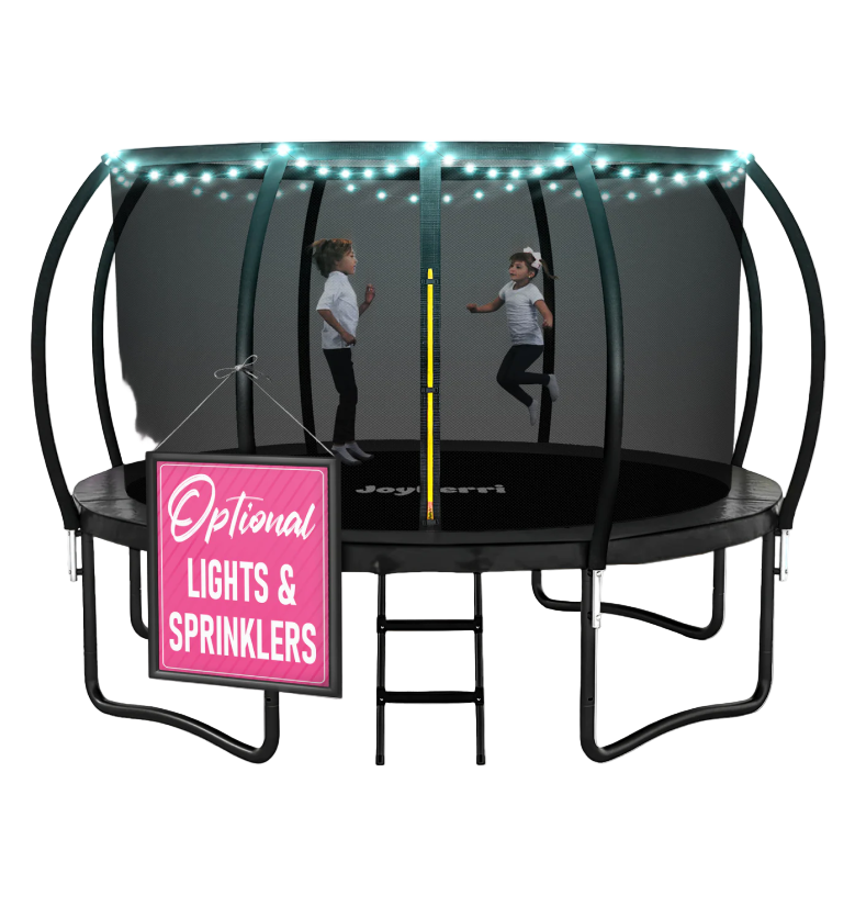 Trampoline with optional lights and sprinklers sign on a white background

