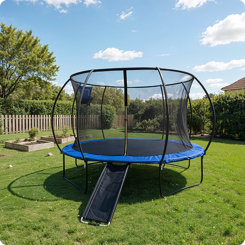 Trampoline with safety net and slide in a backyard setting

